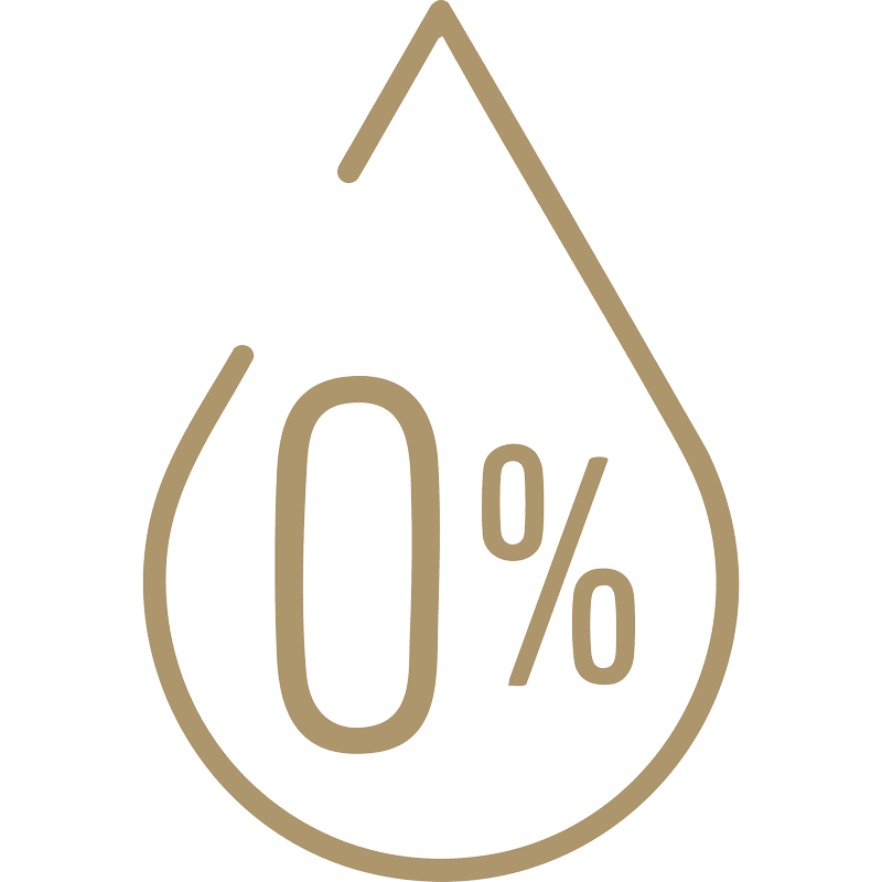 Ein großer goldener Umriss eines Wassertropfens enthält den Text "0%", alles auf einem hellgrauen Hintergrund.