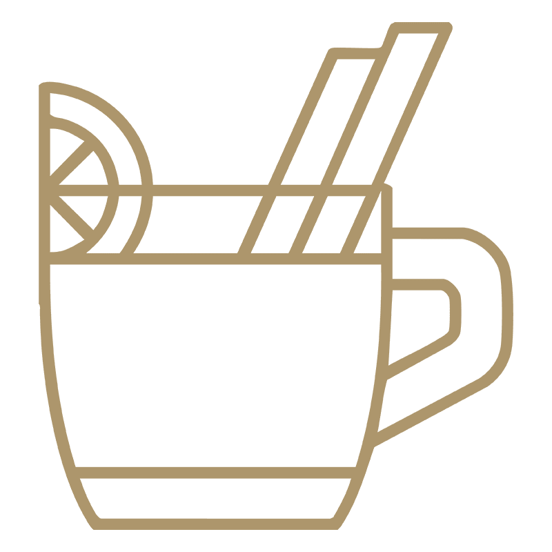 Eine einfache Strichzeichnung einer Tasse mit Henkel, die eine Zitronenscheibe und zwei Zimtstangen enthält.