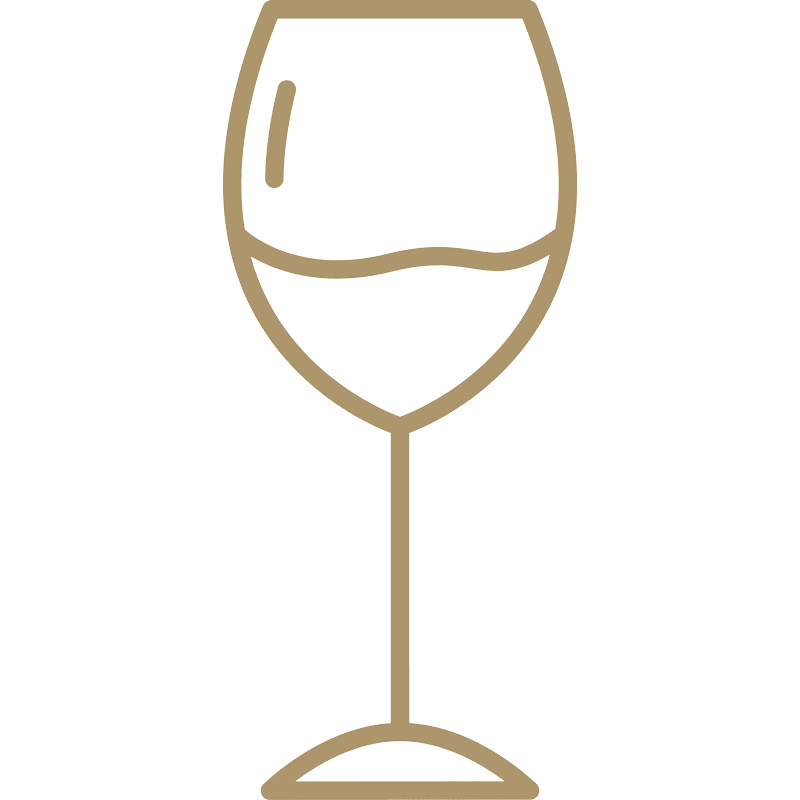 Einfache Strichzeichnung eines teilweise mit Flüssigkeit gefüllten Weinglases auf einem schlichten hellen Hintergrund.