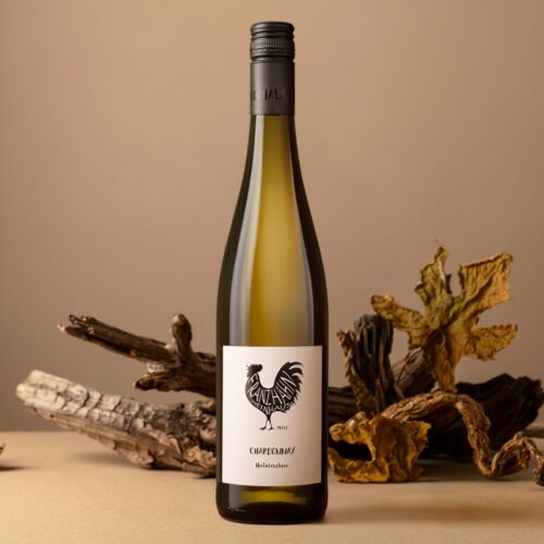 Eine Weißweinflasche mit schwarzem Schraubverschluss und einem Etikett mit einer schwarzen Hahngrafik steht aufrecht auf einer beigen Fläche, umgeben von getrocknetem Holz und Blättern vor einem einfarbig beigen Hintergrund.