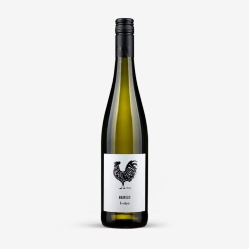 Hohe, klare Weinflasche mit schwarzem Schraubverschluss und weißem Etikett mit schwarzem Hahn und der Aufschrift HEILAS Trocken" auf weißem Grund.