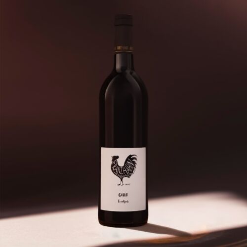 Eine Rotweinflasche steht auf einer hellen Fläche mit dunklem Hintergrund. Auf dem weißen Etikett ist ein schwarzer Hahn abgebildet und der Text "Gallo" und "Toscana".