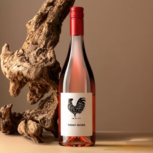 Eine Flasche Roséwein mit rotem Verschluss und einem Etikett mit schwarzem Hahnmotiv steht neben einem Stück gedrehten Treibholzes auf einer beigen Fläche mit neutralem Hintergrund.