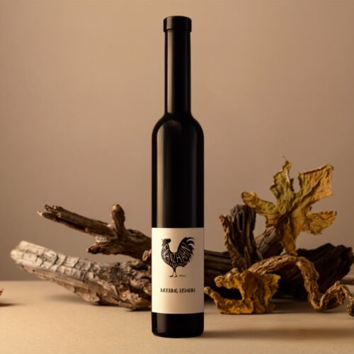 Eine hohe, dunkle Glasflasche mit einem schwarzen Deckel und einem Etikett mit einem Hahn steht aufrecht auf einer beigen Fläche, umgeben von getrockneten Blättern und Treibholz vor einem neutralen Hintergrund.