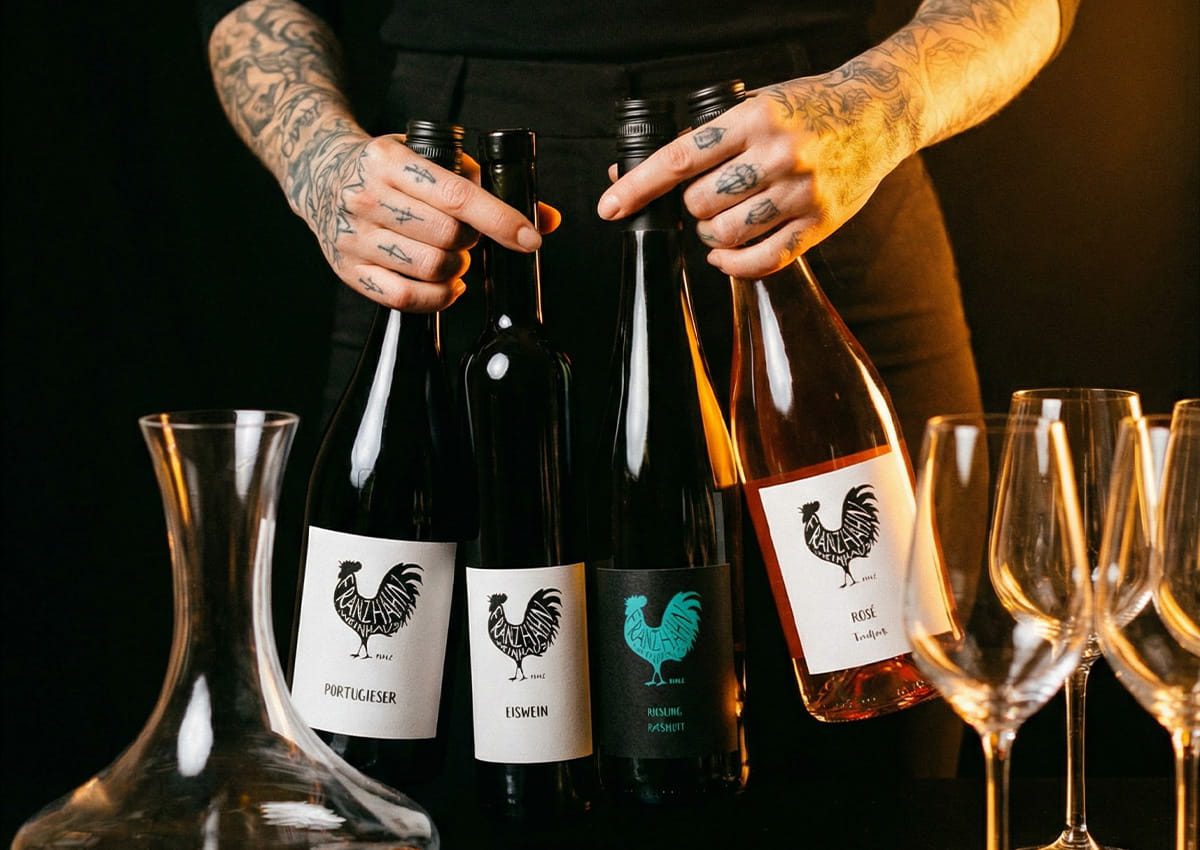 Eine Person mit tätowierten Händen stellt vor einem dunklen Hintergrund vier Weinflaschen mit Hahnlogos auf einen schwarzen Tisch, daneben eine Glaskaraffe und leere Weingläser.