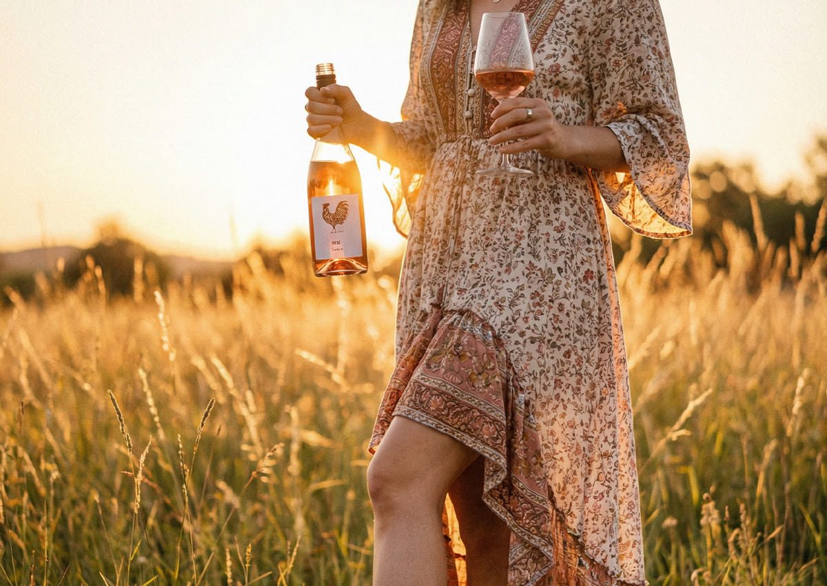 Eine Frau in einem geblümten Kleid steht auf einer sonnenbeschienenen Wiese und hält in der einen Hand eine Flasche Roséwein und in der anderen ein Glas Wein. Das warme Sonnenlicht wirft einen goldenen Schimmer auf das hohe Gras.